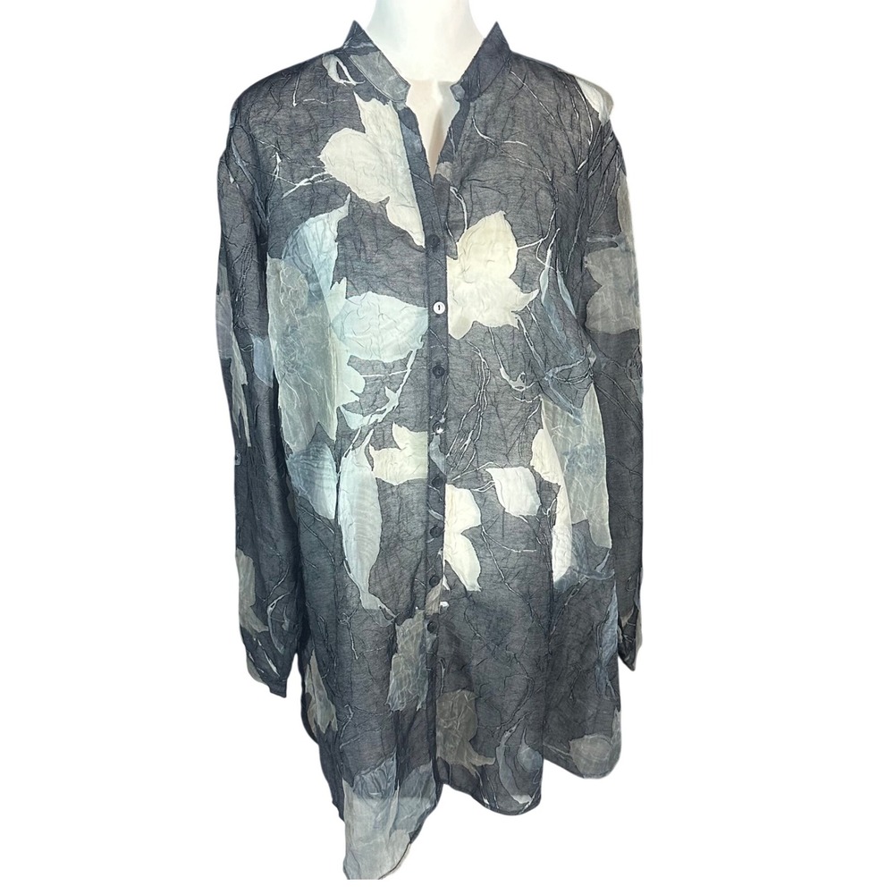 Coldwater Creek Button Front Tunic Womens 2X Grey Floral Sheer Crinkle Linen Mix